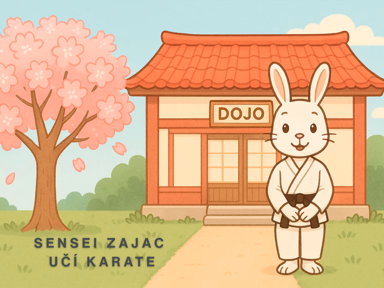 Obálka knihy Sensei Zajac učí karate — zajko sensei pred dojo a rozkvitnutou čerešňou